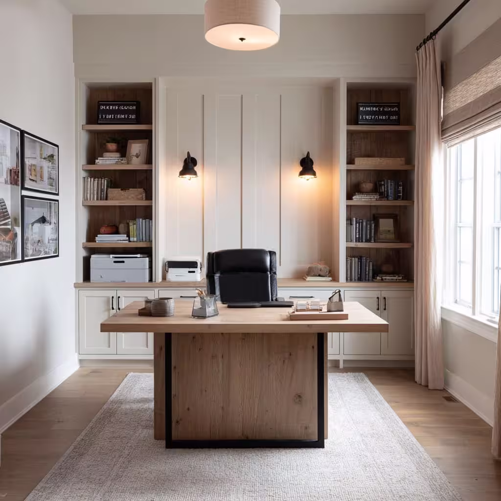 Office reception with timber desks and shelving
