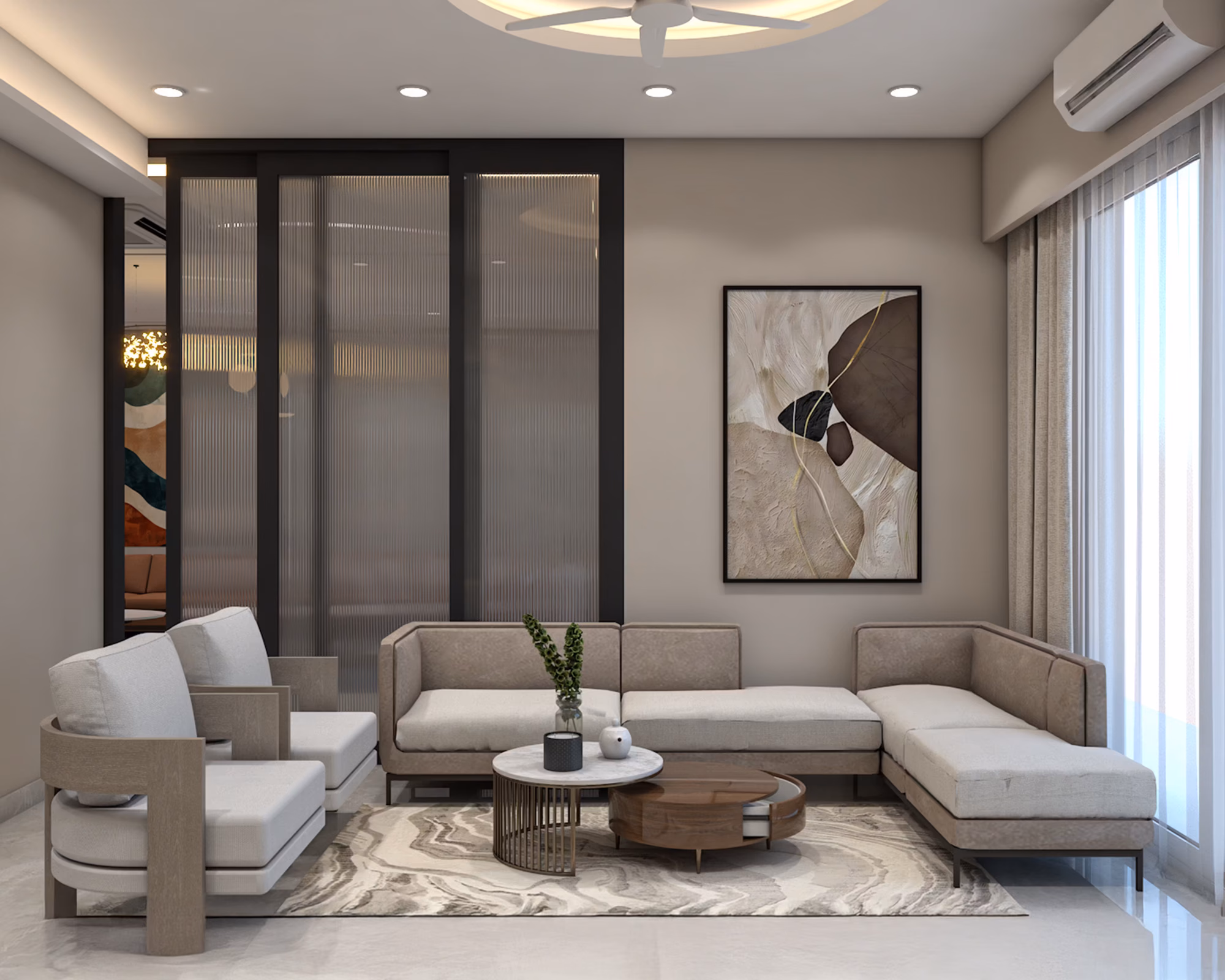 Luxury living room in a Tanzanian home with a sectional sofa and lounge chairs